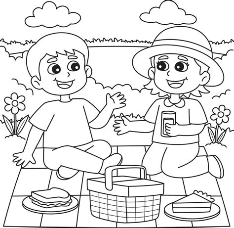 spring girl  boy   picnic coloring page  vector art