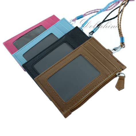 leather id card holder zip wallet  weave lanyard
