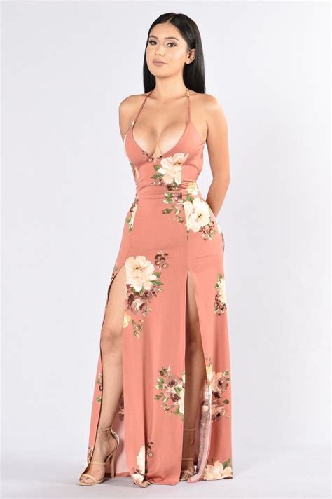 Available In Salmon Floral And Black Maxi Dress 2 Front Slits Spaghetti