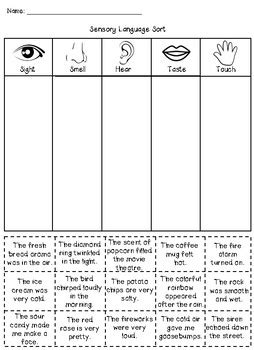 sensory details worksheet song  senses worksheet