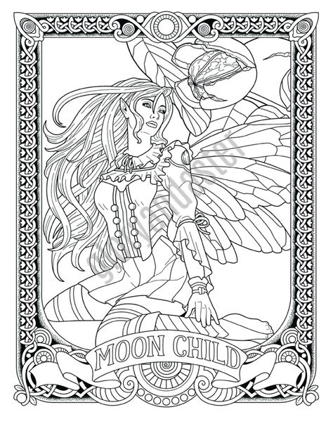 moon fairy coloring page printable adult coloring page adult etsy