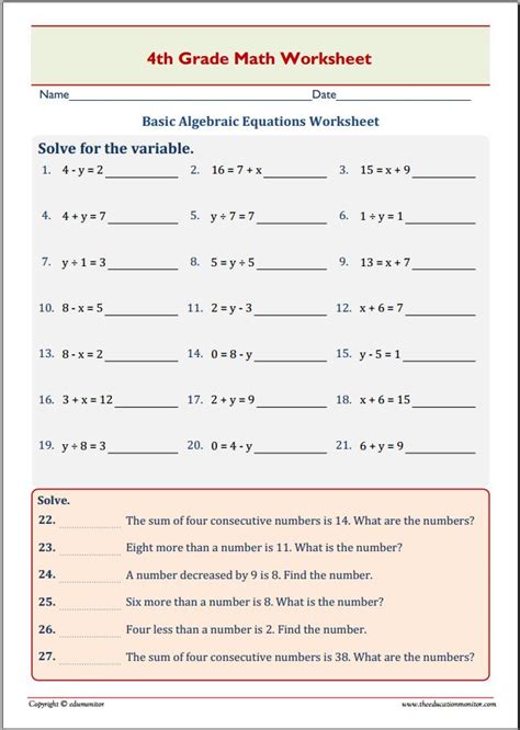 basic algebraic equations worksheet archives edumonitor