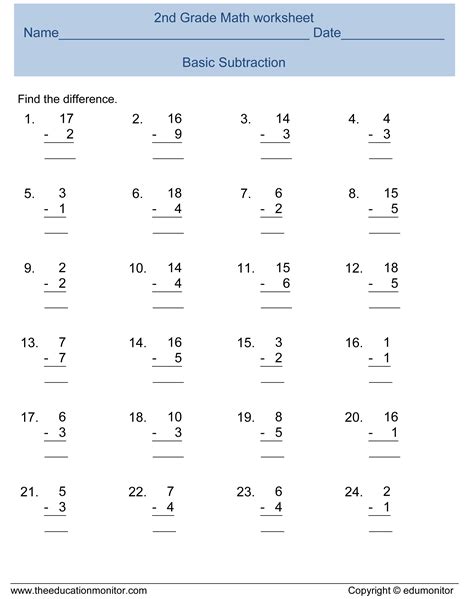 grade subtraction math worksheets edumonitor  printable