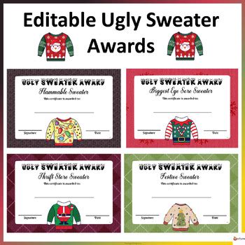 editable ugly christmas sweater award certificates    learning