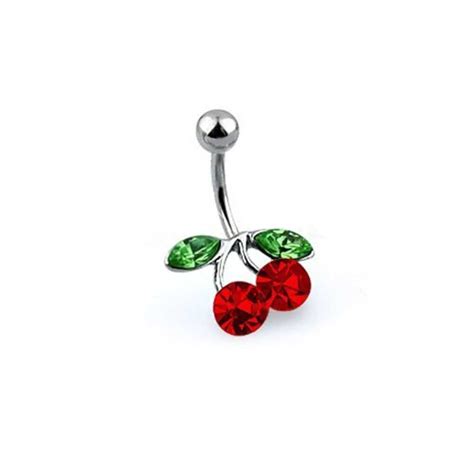 Red Crystal Cherry Branch Bar Navel Belly Ring 316l Stainless Steel
