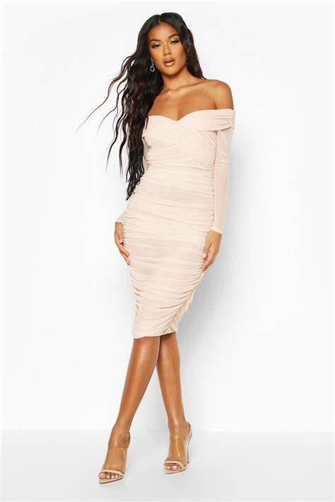Off The Shoulder Ruched Bodycon Dress Cdressn
