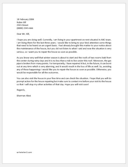 letter  landlord requesting  repairs