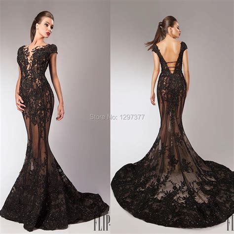 sexy black lace nude sexy see through evening dress backless formal