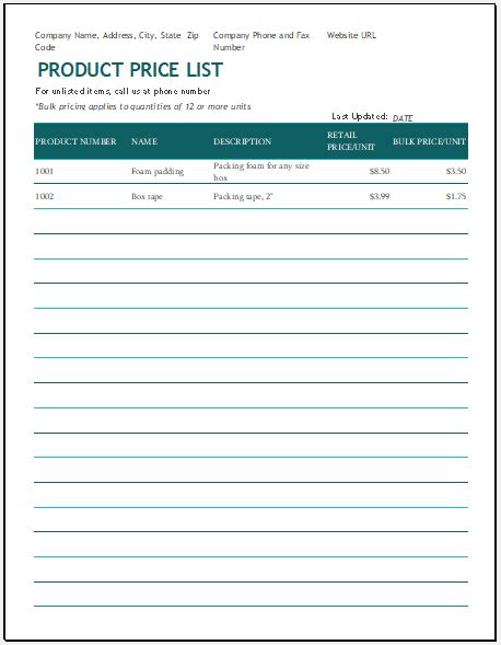 product price list template  excel excel templates