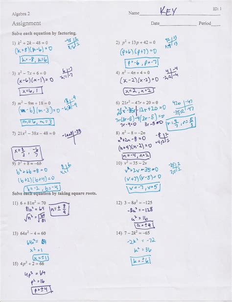 quadratics review worksheet answers