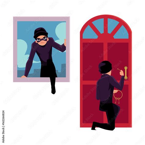 thief burglar breaking  house  front door  window cartoon