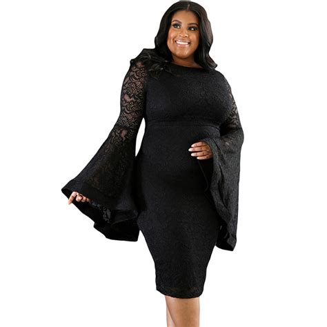 Women S Sexy Flared Long Sleeve Floral Lace Plus Size Bodycon Dresses