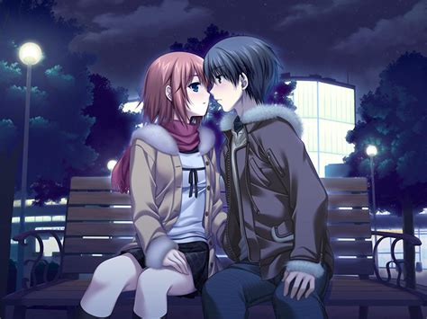cute anime couple ready for first sensual french kiss on a public bench at night romantic making