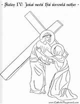 Coloring Cross Station Fourth Stations Jesus Mother Meets His Pages Catholic Sorrowful Colouring Playground Color Print Lenten Drawings Way Kids sketch template