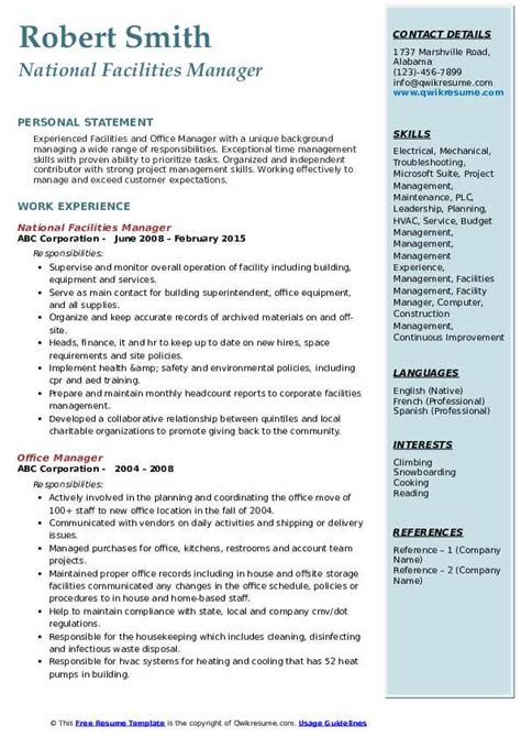 facilities manager resume samples qwikresume