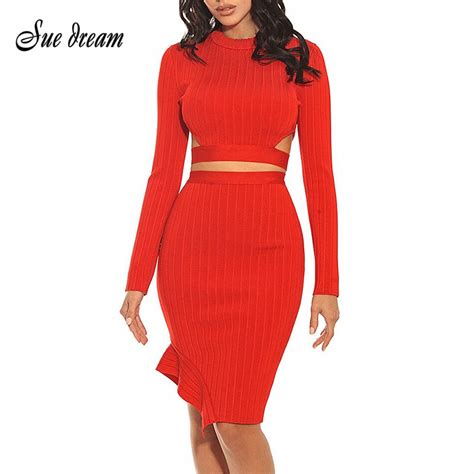 2018 Sexy Bodycon Bandage Dress Long Sleeve O Neck Celebrity Party Red
