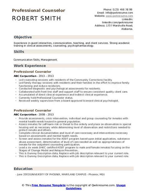professional counselor resume samples qwikresume