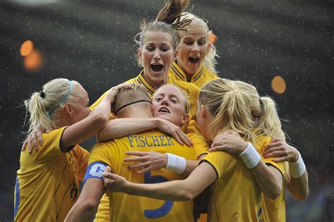 sweden teammates jumped for joy during the women s soccer