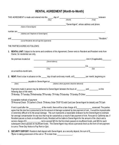 month rental agreement template  printable docx