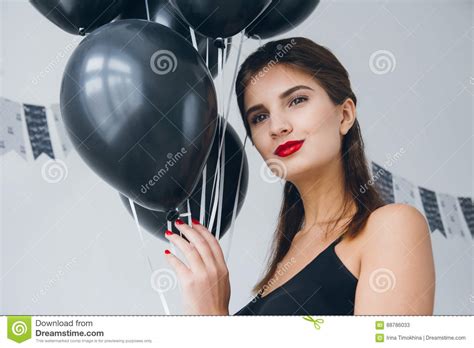 Girl In A Black Dress With Black Balloons Stock Image Image Of White