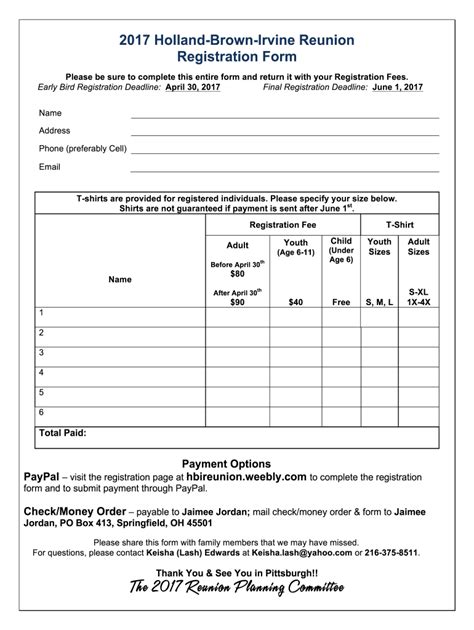 family reunion registration form template  printable templates
