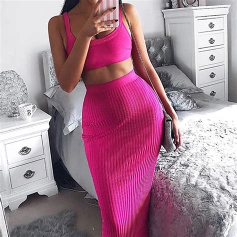 Yjsfg House Two Piece Set Women Summer Ribbed Crop Top And Skirt Set