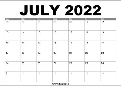 july  calendar printable  hipiinfo