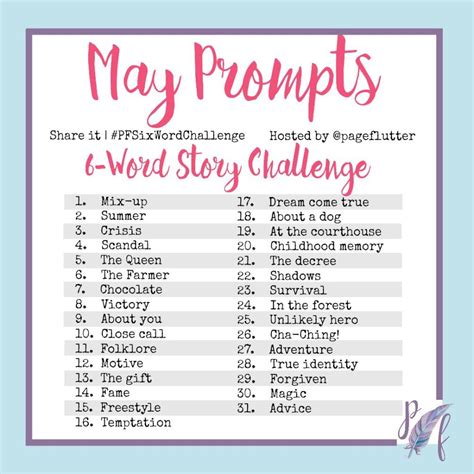 word story challenge pfsixwordchallenge  prompts page