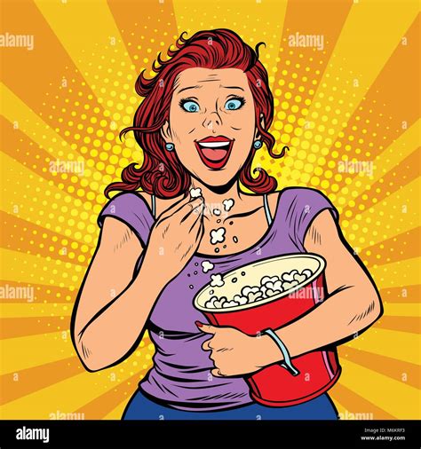 Woman Watching A Movie Smiling And Eating Popcorn Fast Food In The