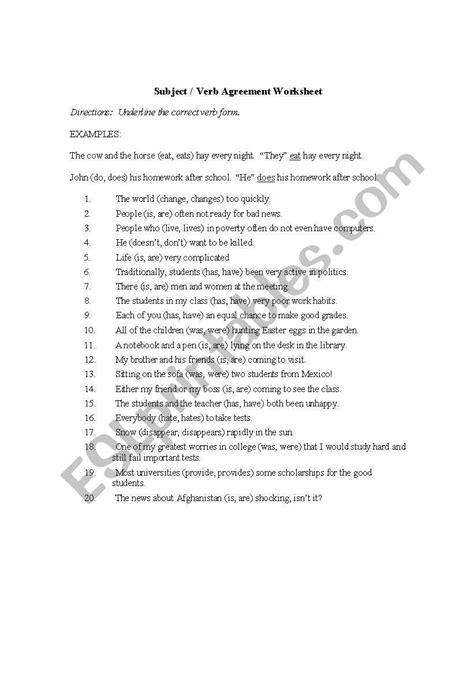 english worksheets subject verb agreement practice