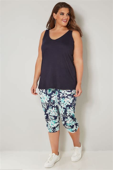 Navy And Green Tropical Cropped Harem Trousers Plus Size 16