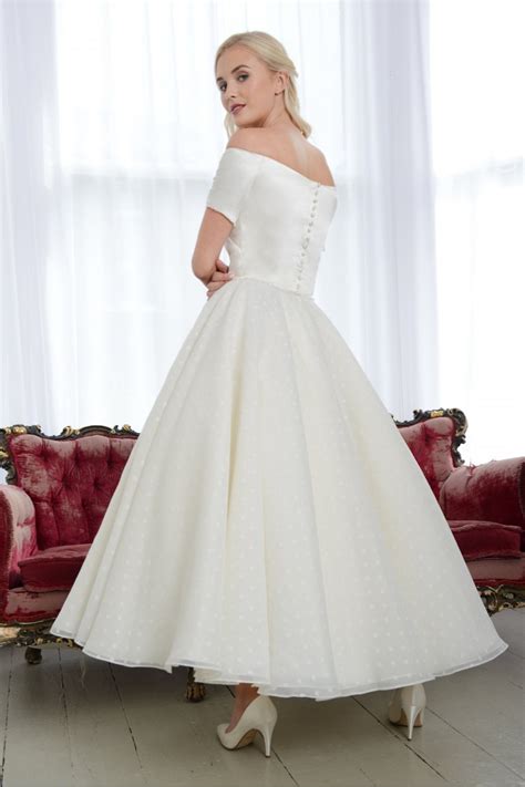 Roxie Lb305 Calf Ankle Length Bardot Wedding Gown Satin Top And Polka
