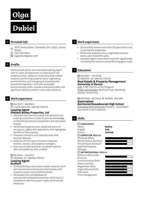 leasing agent resume sample kickresume