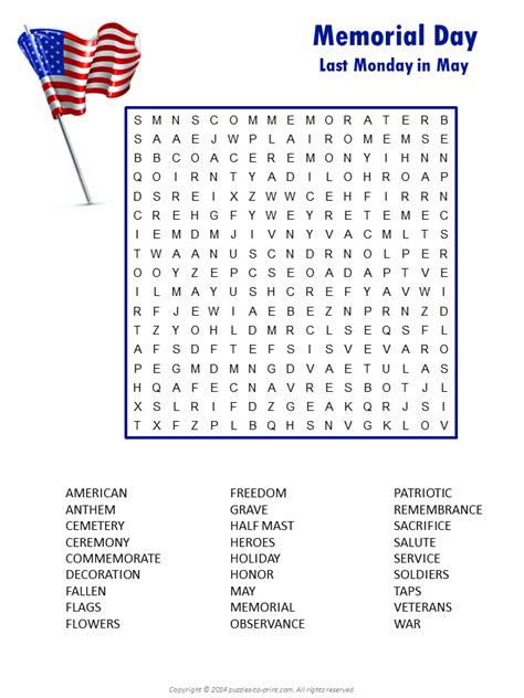 printable memorial day word search memorial day activities word