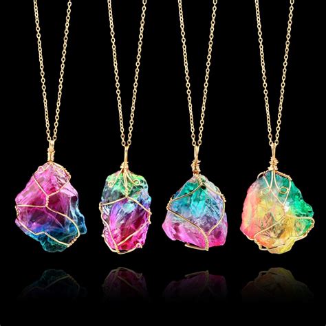 womens necklaces  big pendant rainbow natural stone simple winding