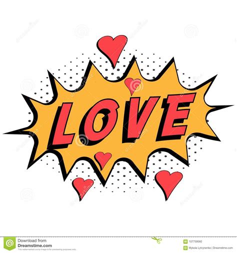 Comic Book Word Love With Hearts Pop Art Style With