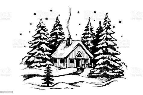 wooden house   winter forest stock illustration  image  istock