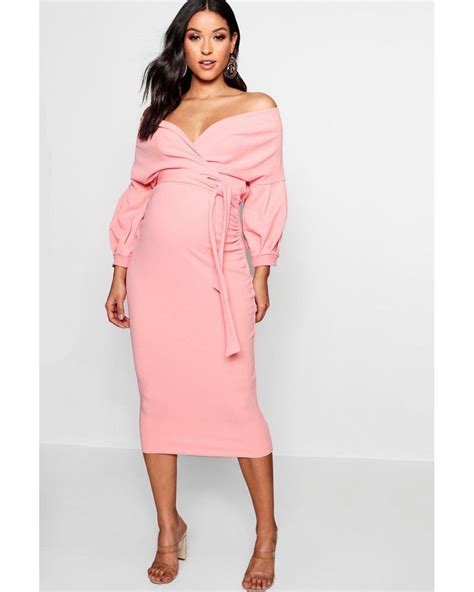 boohoo maternity off the shoulder wrap midi dress in pink lyst