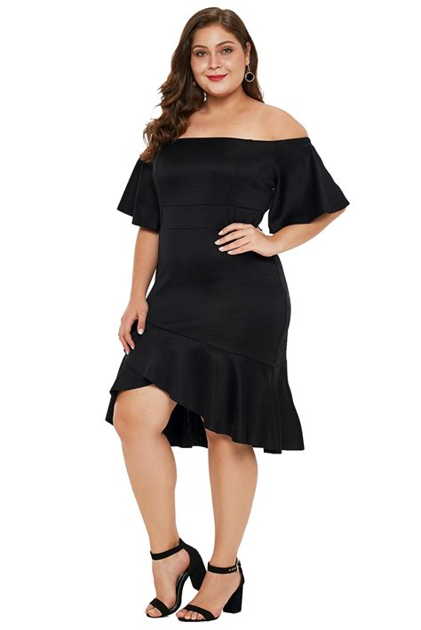 Black Off Shoulder Plus Size Dress With Ruffles Women Festive Knee