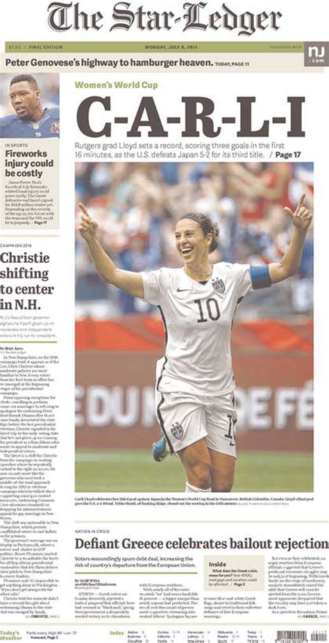 Newspaper Front Pages U S Women S World Cup Win