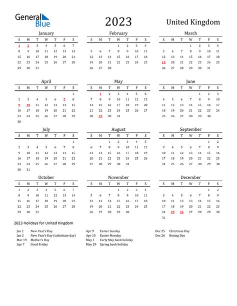 united kingdom calendar  holidays