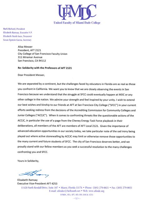 united faculty of miami dade college solidarity letter