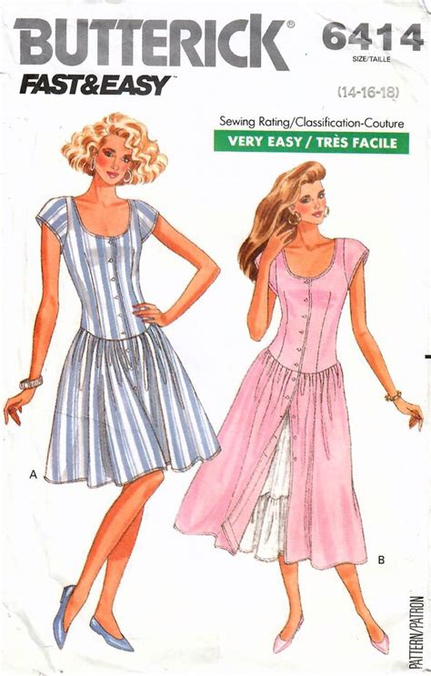 1980s Butterick 6414 Uncut Vintage Sewing Pattern Misses Drop Waist