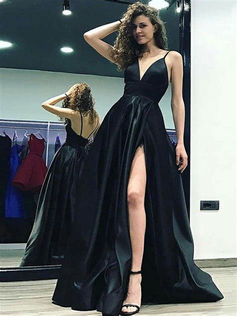 A Line V Neck Black Backless Prom Dresses Black Backless Formal Dress