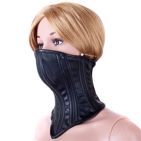 Leather Neck Corset Collar Kinky Restraint Muzzle Mask Lockin