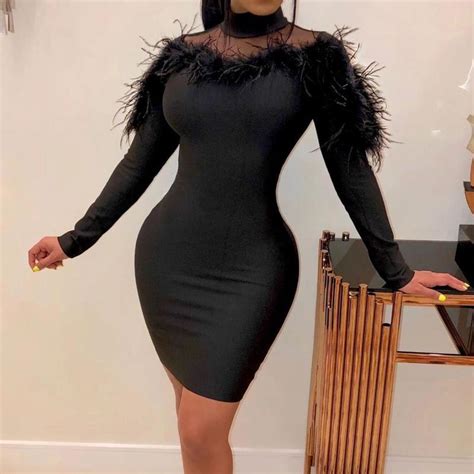 feather mesh sexy bodycon mini dress long sleeve see