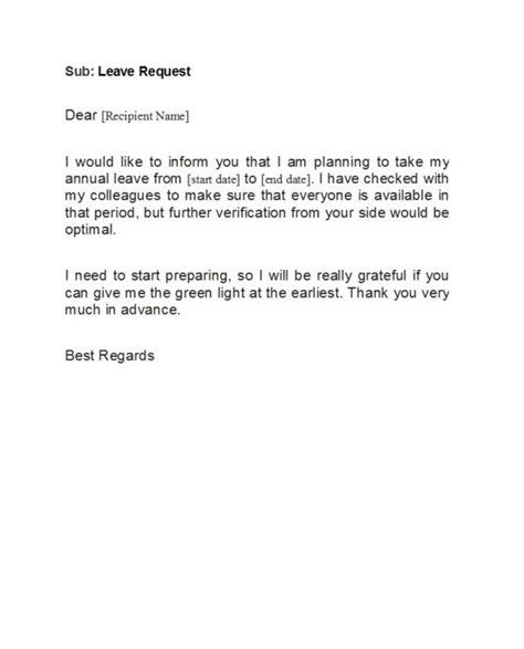 leave request annual leave letter sample format letter