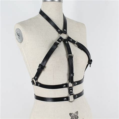fashion goth punk women chest strap rave bra garter belt leather