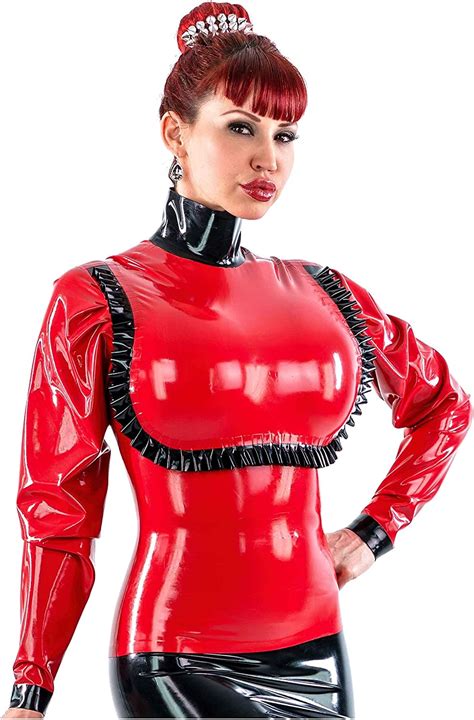 westward bound governess latex rubber blouse red with black trim