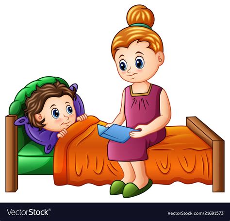 cartoon mother reading bedtime story to her son vector image
